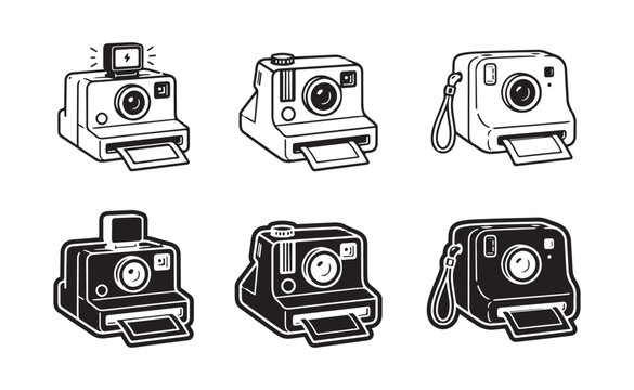 Vintage instant cameras flat line art illustration isolated on white background