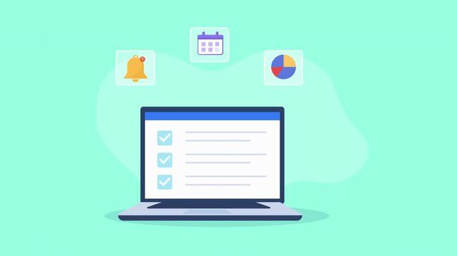 Animated video showing a laptop with a digital task checklist, surrounded by calendar, notification, and analytics icons on a soft turquoise background.