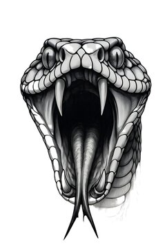 Angry Snake Head Line Art Illustration with Open Mouth Fangs and Forked Tongue for Tattoo Design and Mascot Logo