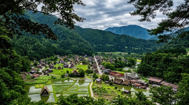 Traditional village with thatched roofs in a green valley