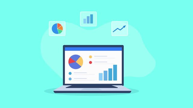 Animated video showing a laptop with a business analytics dashboard, charts, and data visualizations, surrounded by floating chart icons on a turquoise background.