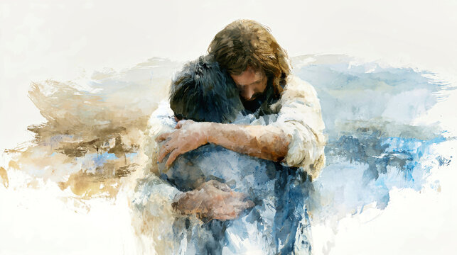 Jesus holds a man in a gentle embrace against a soft background,