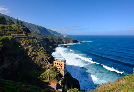 Spain, Canary Islands, Tenerife, Los Realejos, Casa Hamilton industrial ruin, Punta del Guindaste in background