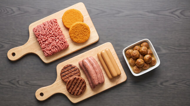 Plant based meat burger assortment with sausage, patty, and meatball wooden board. Sustainable organic vegan vegetarian food. alternative protein substitute diet, bio cereal nourishment
