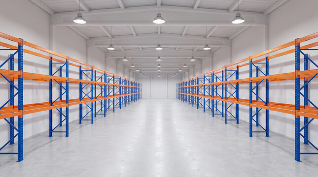 Automated warehouse fulfillment center with empty storage rack aisle. Logistic shipping distribution delivery. industrial factory manufacturing, storage inventory efficiency