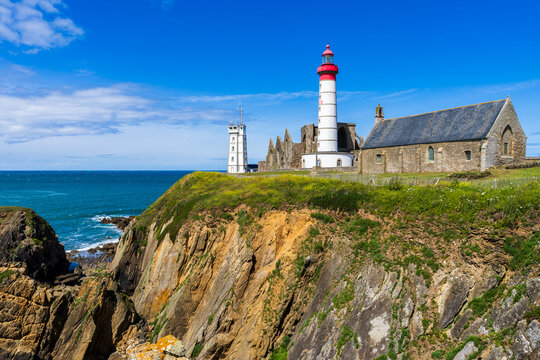 The lighthouse of Pointe Saint Mathieu stands on a rocky cliff