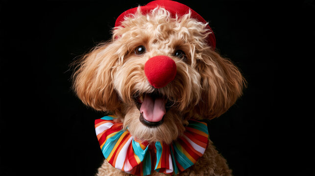Cute curly-haired dog dressed as a colorful clown with red nose and ruffled collar, funny pet portrait