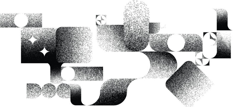 Glitch distorted geometric shape . Noise destroyed logo . Trendy defect error shapes . Glitched .Grunge textured . Distressed effect .Vector shapes with a halftone dots screen print texture.

