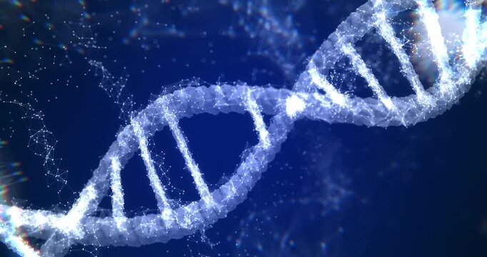 Biotechnology 3D DNA helix spinning on dark blue background. Science and Medical Concept.