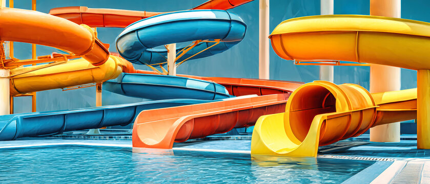 Bright and vibrant water slides twist and turn over a clear pool