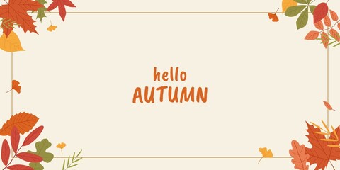 Autumn greeting card with hello AUTUMN text in orange, framed by colorful seasonal leaves in red, orange, yellow, and green on a beige background © Lipitorika