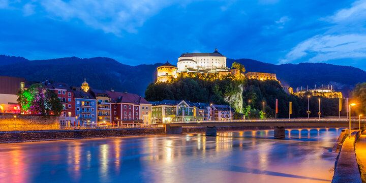Austria, Tyrol, Kufstein, Fortress, Inn river and old town in the evening