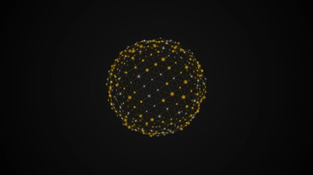 Seamless loop of a rotating 3D quantum node sphere with golden plexus connections. High quality 4K resolution representing global finance, blockchain, decentralization, and Web3 technologies.