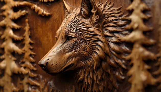 Close up of detailed 3D bas-relief wooden carving of a wolf head in pine forest, generative AI
