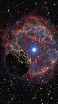 Dead planet floating near glowing supernova remnant, scorched celestial sphere drifting inside vast galactic graveyard, burnt rocky world orbiting bright star in deep space cosmic background.