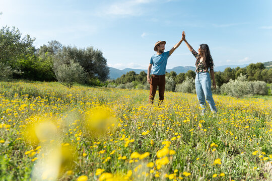 Happy couple shares a high five in a sunny summer meadow