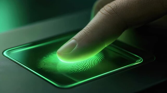Fingerprint sensor smartphone screen biometric security scan human finger with glowing green light, biometric identification touchscreen fingerprint