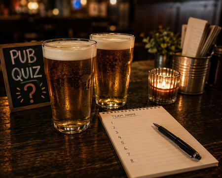 Pub Quiz Night with Beer Glasses and Team Answer Sheet