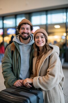 Happy couple reunited at airport holding hands by luggage