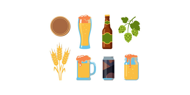 Craft beer festival elements featuring golden wheat stalks and hop cones with refreshing glasses for beverage branding.