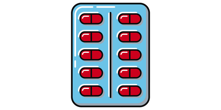Medical blister pack containing red capsule pills for pharmaceutical healthcare and clinical treatment supply design.