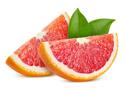 Fresh organic red orange segments and leaves isolated on white background with clipping path. Detailed red orange slices with greenery are perfect for food packaging