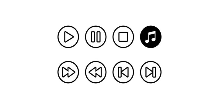 Black thin line media player buttons set on isolated transparent background for various digital design projects.