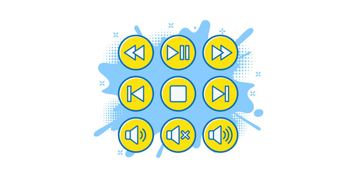 Yellow blue media player buttons set for multimedia interface design on abstract paint background.