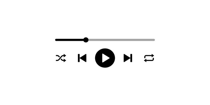 Black and white music player interface with slider, play, and shuffle controls on transparent background.