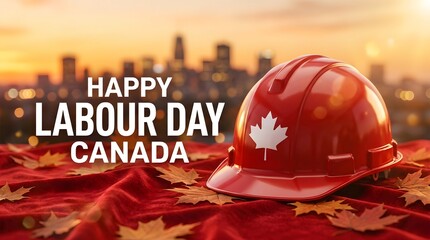 Obraz premium Red construction hard hat with canadian maple leaf symbol celebrating labour day in canada at sunset