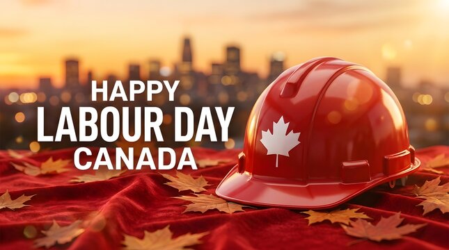 Red construction hard hat with canadian maple leaf symbol celebrating labour day in canada at sunset