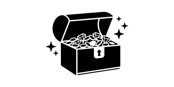 Black treasure chest overflowing with gold coins and diamonds on transparent background.