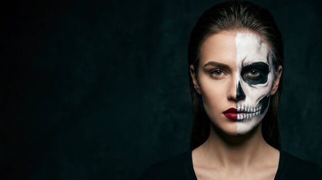 Beautiful young woman with professional half face skull makeup looking at camera for Halloween party or Day of the Dead on dark background with copy space