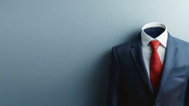 Headless suit with red tie against gray background creates striking visual. This symbolizes professionalism and modernity