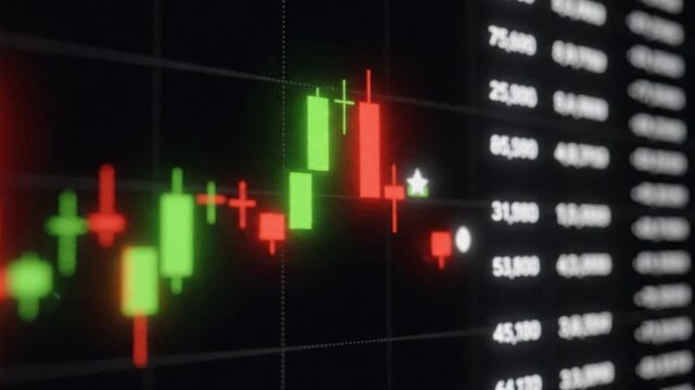 Close-Up of Stock Market Candlestick Chart with Glowing Green and Red Bars and Order Book Numbers for AI Fintech and Financial Data Analytics Concept