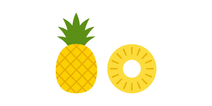 Whole pineapple fruit with green leaves beside a yellow round sliced ring graphic isolated on transparent background design.