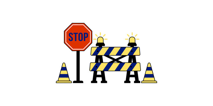 Road construction barrier with orange stop sign and traffic cones for safety warning and detour management during repair.