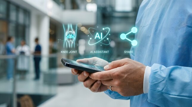 A healthcare professional utilizing a smartphone with futuristic medical and AI graphic interfaces.