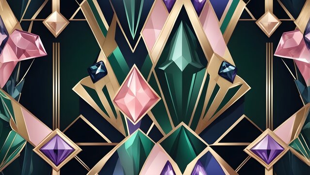 Luxurious Art Deco geometric pattern with emerald, ruby, amethyst, and sapphire jewel facets on a dark background