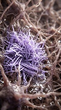 Amyloid plaque aggregation, misfolded protein cluster aggregating into dense fibrous fibril structure across extracellular neural matrix, showing age related neurodegenerative disease pathology.