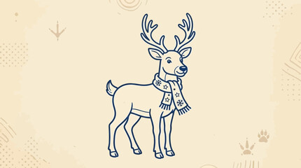 Whimsical blue line-art reindeer wearing a scarf in a cozy woodland scene, a hand-drawn vector illustration for winter, holiday and seasonal design projects © pradana
