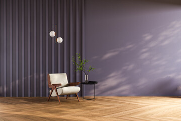 Fototapeta premium Blank wall mockup empty room interior modern purple wall chevron floor armchair