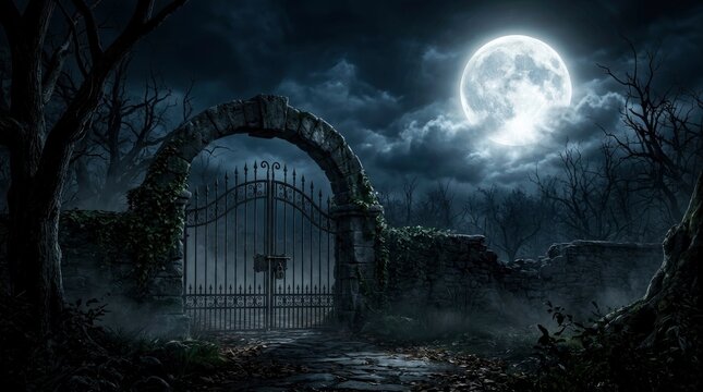 Gothic stone archway with iron gate under a glowing full moon in a spooky dark forest at night with fog