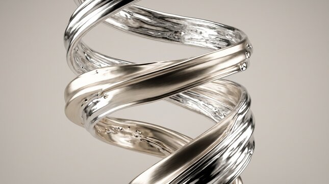 Abstract spiral of liquid silver metal flowing in a dynamic twisting motion