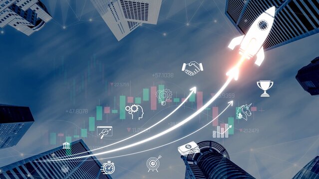 Innovative Business Growth Concept with Rocket Launching, Financial Charts and Modern Skyscrapers Representing Success in Technology and Investment Sigmoid