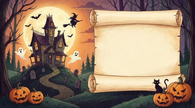 Halloween background with haunted house ghosts pumpkins and a blank parchment scroll for text