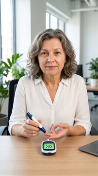 Mature woman with diabetes measuring blood sugar level with lancet pen and glucometer showing ok result at home. Health monitoring and glucose test concept. World diabetes day awareness.