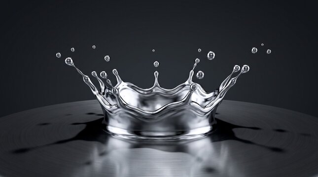 High speed macro shot of a liquid splash forming a perfect crown shape on a dark reflective surface