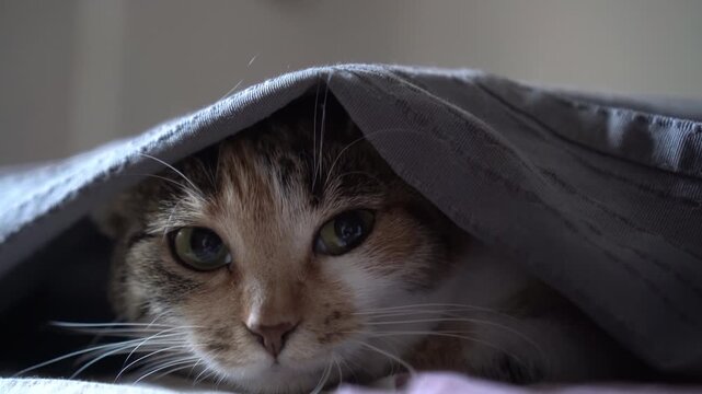 Small tabby cat is hiding under a blanket. Kitten is warming itself under a blanket. Life of a pet.