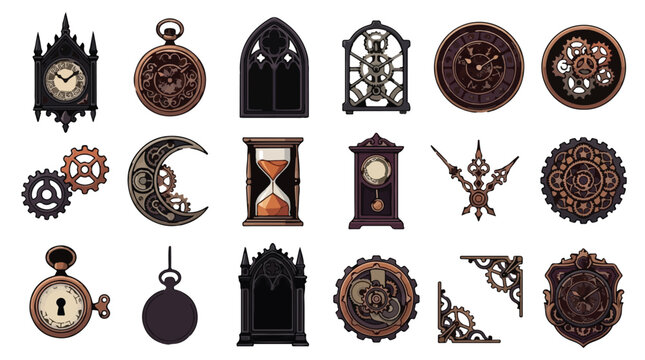 Steampunk timekeeper collection vector set. Vintage pocket watch, grandfather clock, and hourglass. Retro clockwork gears, moon phase, and decorative brackets for fantasy design elements.